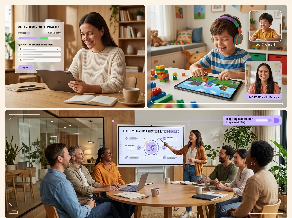 PlaySEND learning ecosystem: adult AI testing, game-based Roblox lessons with live teachers, and interactive community training workshops